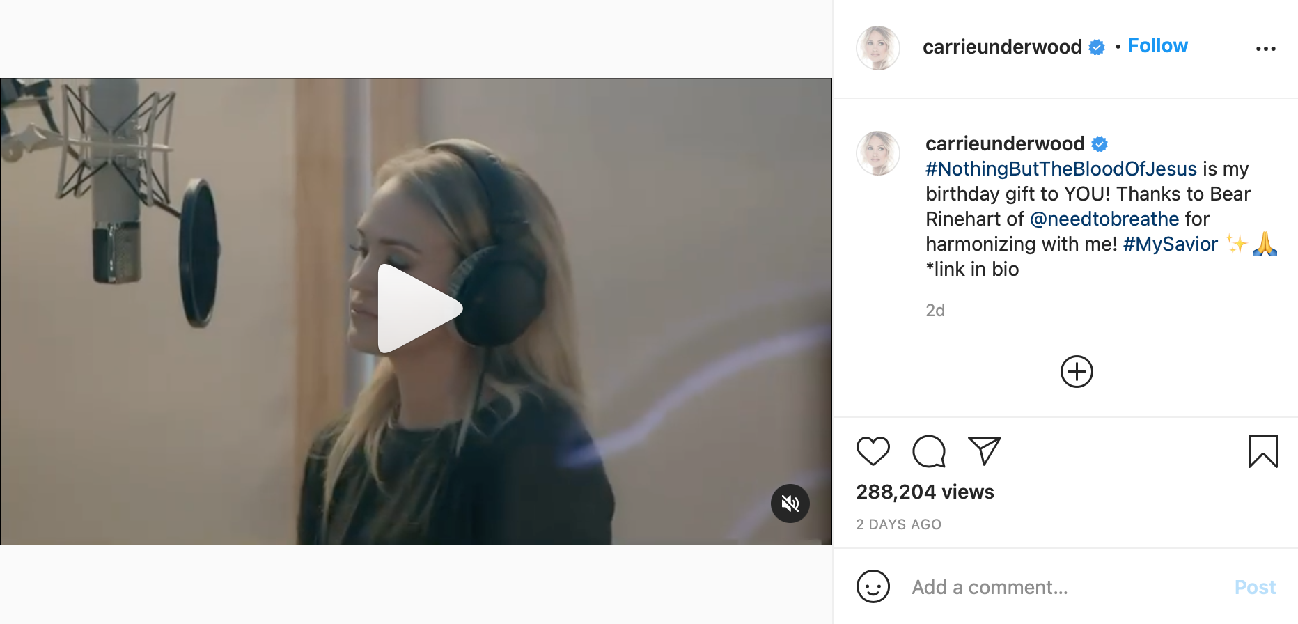 Carrie Underwood Instagram Nothing But The Blood of Jesus announcement